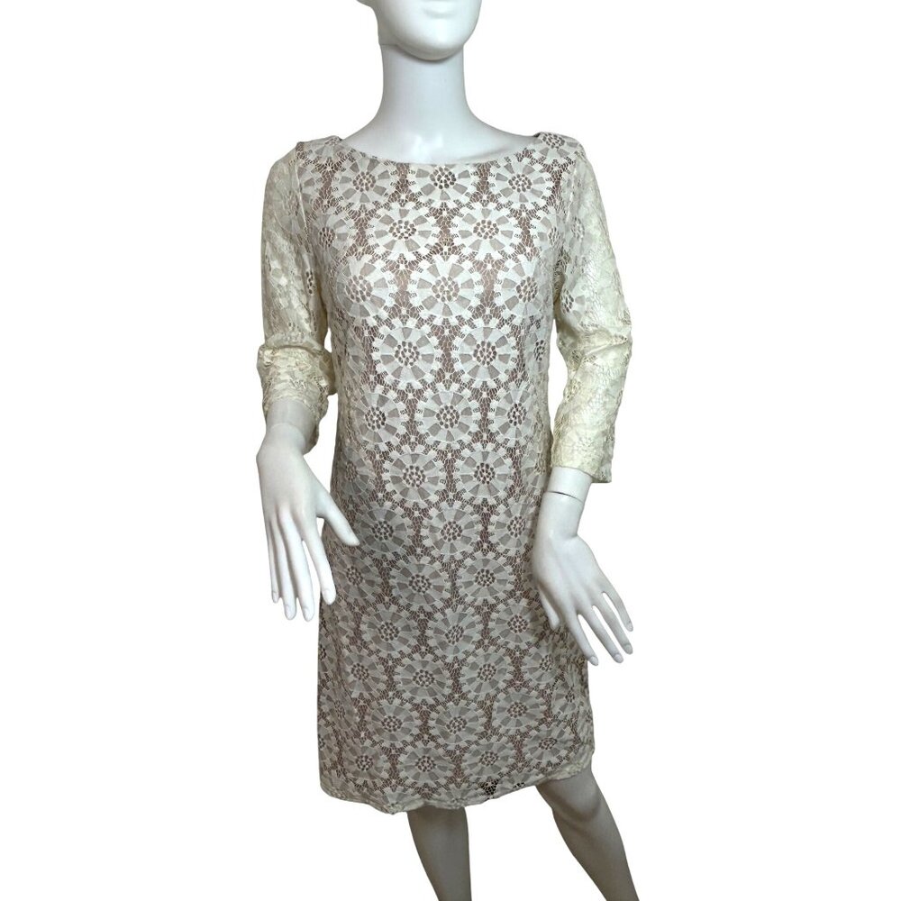 Vince Camuto Dress Lace Overlay Ivory Taupe 8 Above Knee Sheath 3/4 Sleeve Party